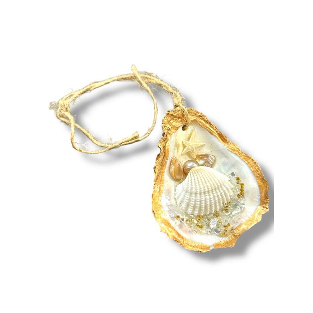 Beach Theme Oyster Shell Embellished Ornament 3.25" Goldtone Trim